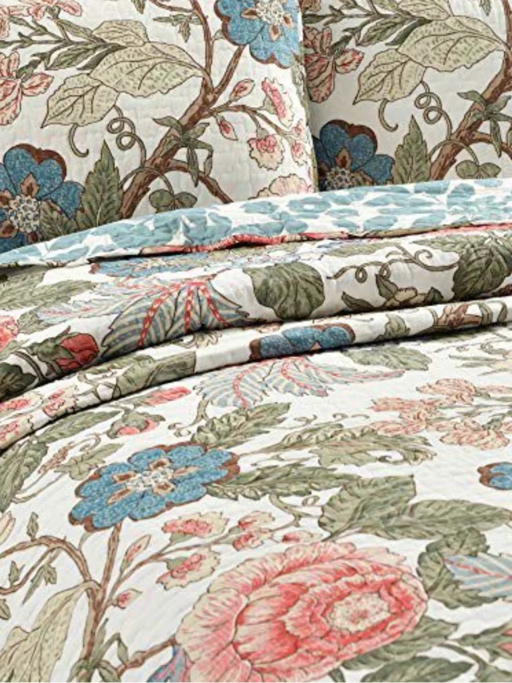 Floral Patchwork Quilted Bedspread in Blue and Cream
